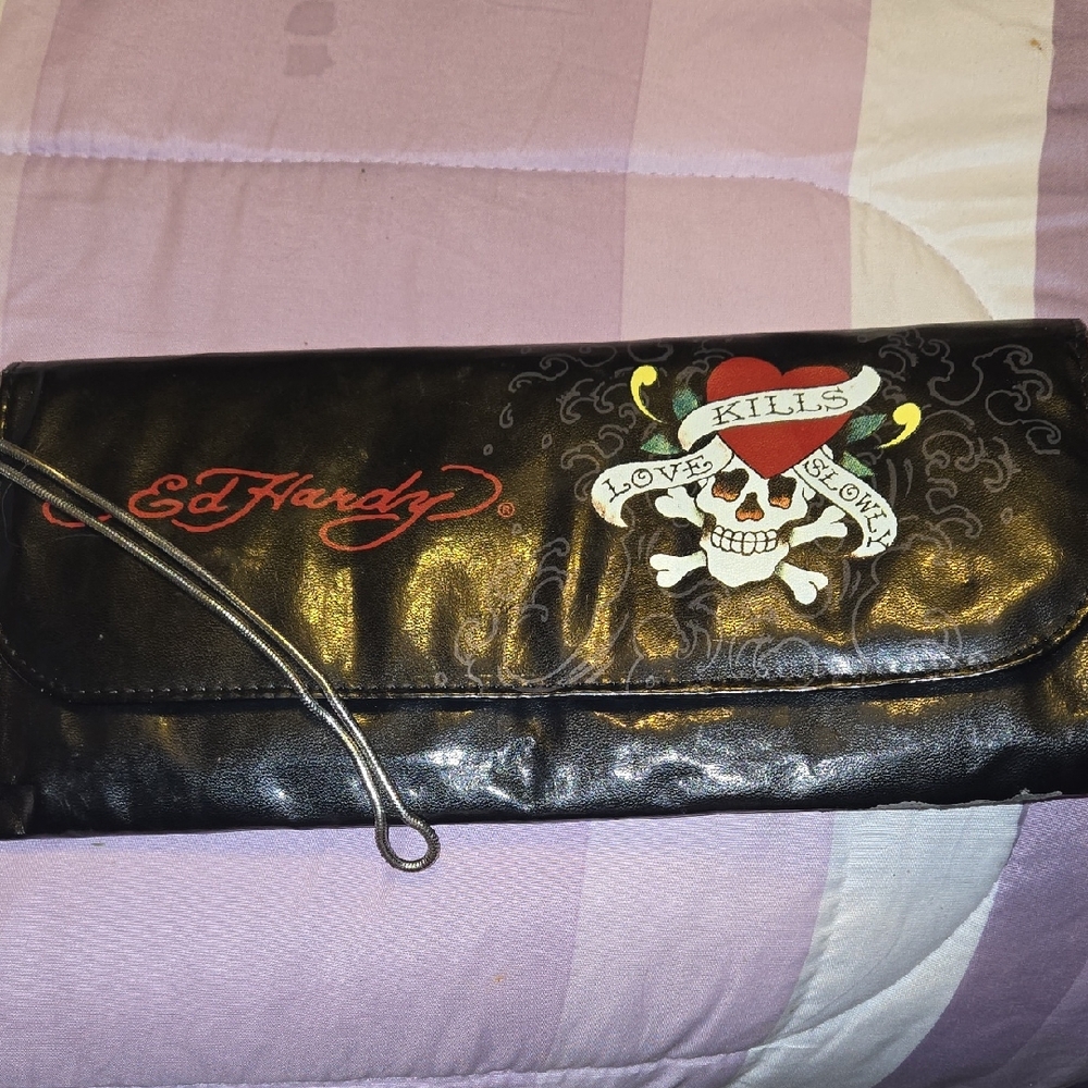 Ed Hardy Black Clutch with Skull and Heart Design